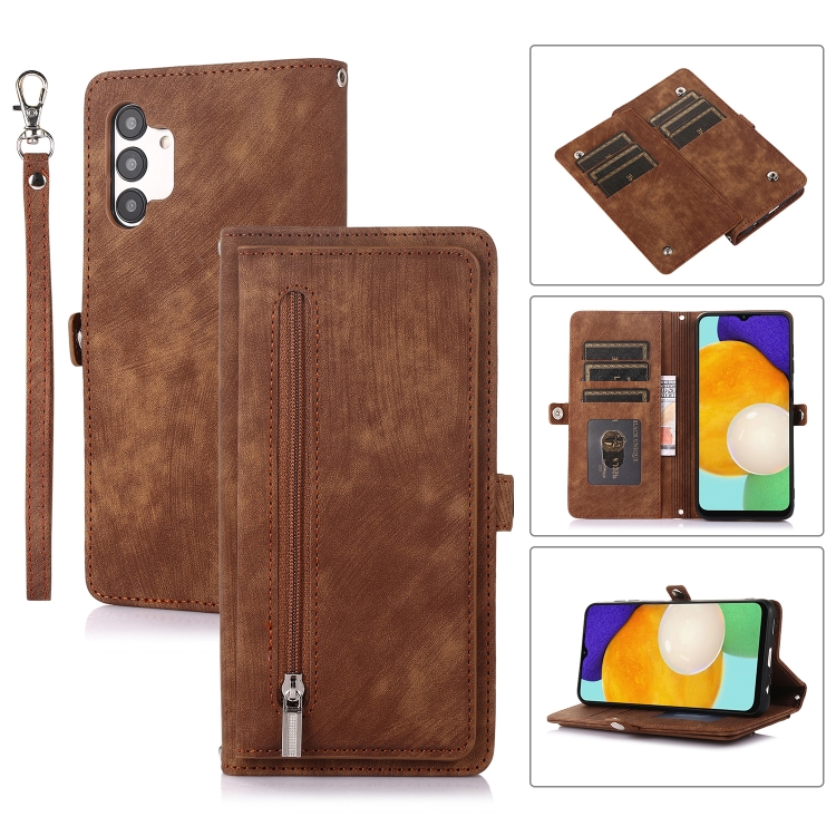 

For Samsung Galaxy A13 4G / 5G Zipper Card Slot Buckle Wallet Leather Phone Case(Brown)