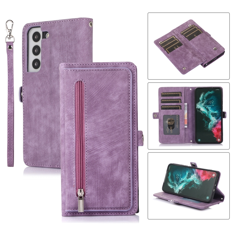 

For Samsung Galaxy S22 5G Zipper Card Slot Buckle Wallet Leather Phone Case(Purple)