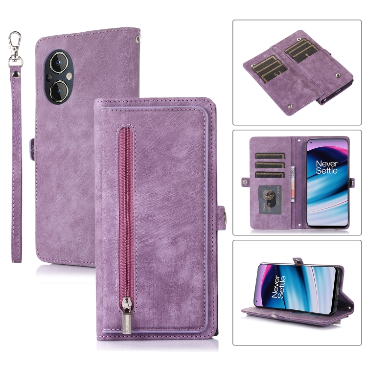 

For OnePlus Nord N300 Zipper Card Slot Buckle Wallet Leather Phone Case(Purple)