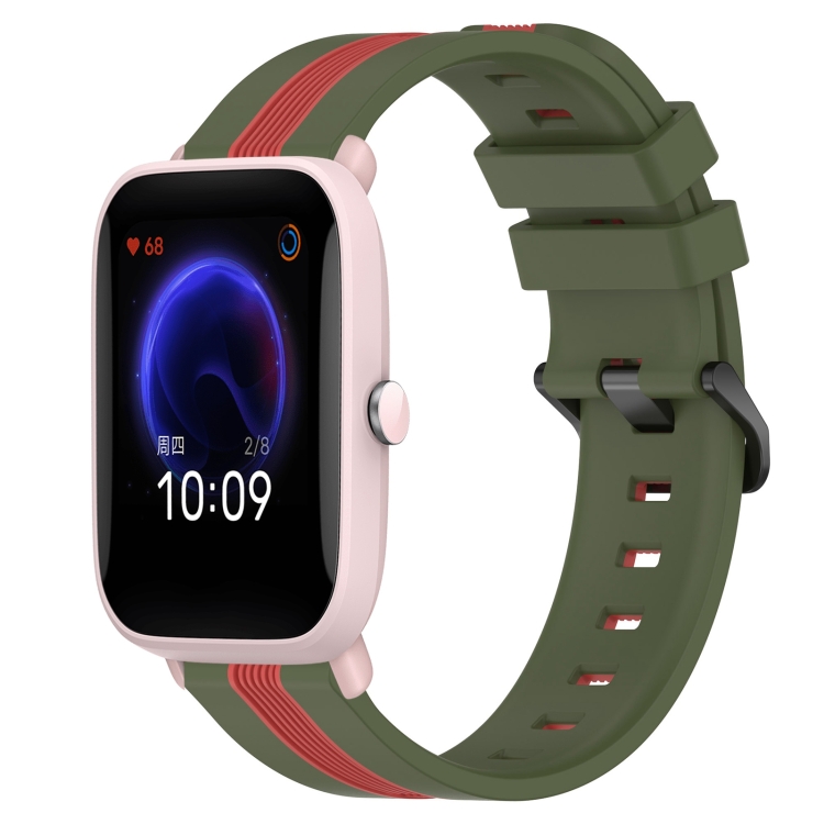 

For Amazfit Pop Pro 20mm Vertical Two-Color Silicone Watch Band(Army Green+Red)