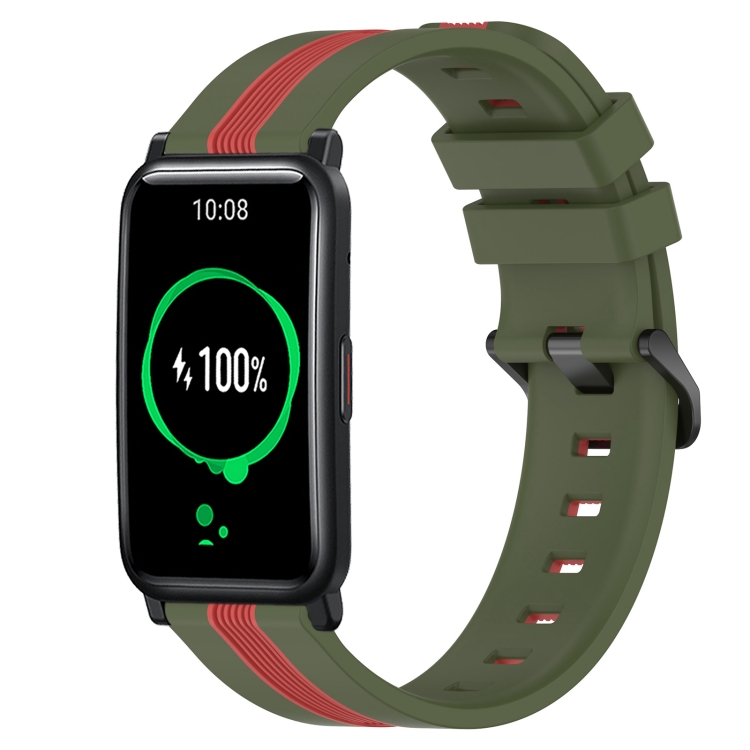 

For Honor Watch ES 20mm Vertical Two-Color Silicone Watch Band(Army Green+Red)