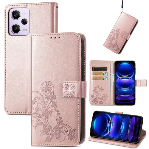 

For Xiaomi Redmi Note 12 Pro 5G Four-leaf Clasp Embossed Buckle Leather Phone Case(Rose Gold)