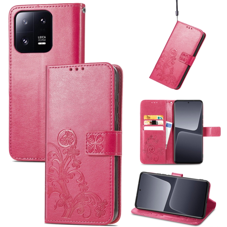 

For Xiaomi 13 Pro Four-leaf Clasp Embossed Buckle Leather Phone Case(Magenta)