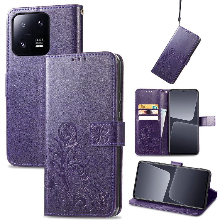 

For Xiaomi 13 Pro Four-leaf Clasp Embossed Buckle Leather Phone Case(Purple)