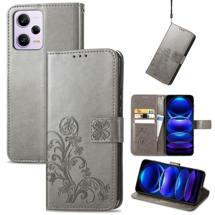 

For Xiaomi Redmi Note 12 5G Global Four-leaf Clasp Embossed Buckle Leather Phone Case(gray)