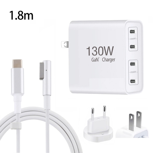 

GaN 130W 4-Port USB-C PD65W / PD30W Multi Port Type-C Charger with 1.8m Type-C to MagSafe 1 / L Header Data Cable US / EU Plug