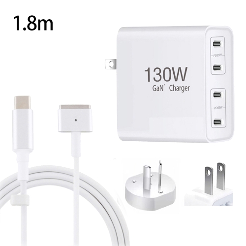 

GaN 130W 4-Port USB-C PD65W / PD30W Multi Port Type-C Charger with 1.8m Type-C to MagSafe 2 / T Header Data Cable US / AU Plug