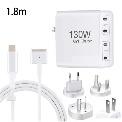 

GaN 130W 4-Port USB-C PD65W / PD30W Multi Port Type-C Charger with 1.8m Type-C to MagSafe 2 / T Header Data Cable US / EU / UK / AU Plug