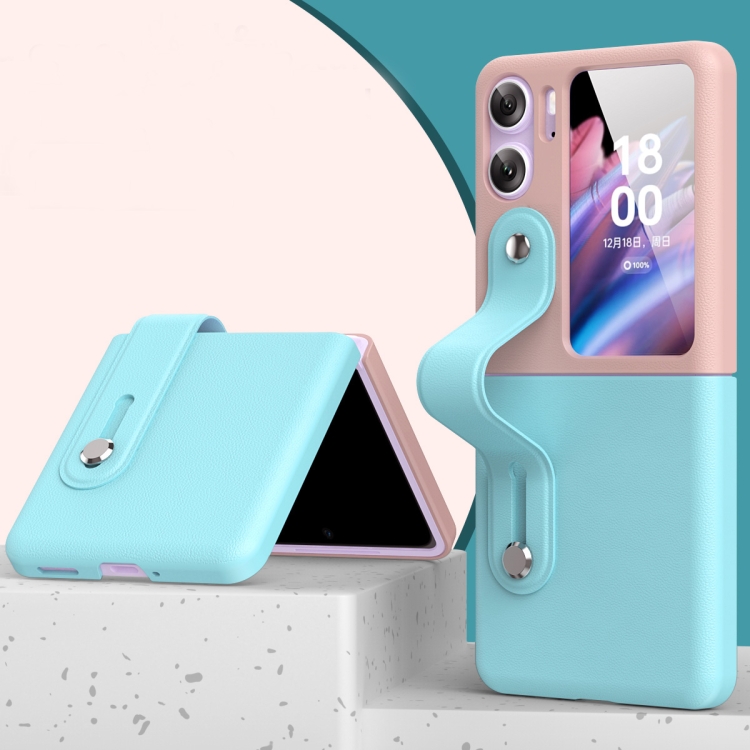 

For OPPO Find N2 Flip Skin Color Contrast Wrist Strap Bracket Folding Phone Case(Ice Blue+Pink)