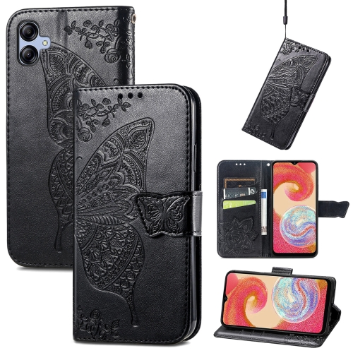 

For Samsung Galaxy A04e / F04 / M04 Butterfly Love Flower Embossed Flip Leather Phone Cas(Black)