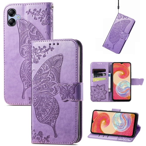 

For Samsung Galaxy A04e / F04 / M04 Butterfly Love Flower Embossed Flip Leather Phone Cas(Light Purple)