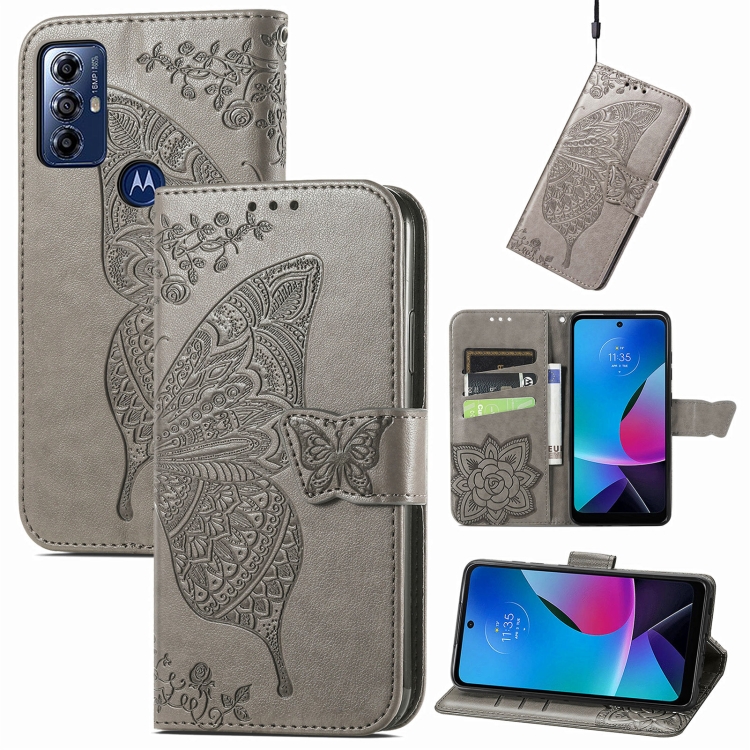 

For Motorola Moto G Play 2023 Butterfly Love Flower Embossed Flip Leather Phone Case(Gray)