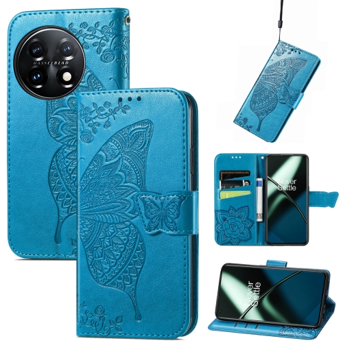 

For OnePlus 11 Butterfly Love Flower Embossed Flip Leather Phone Case(Blue)