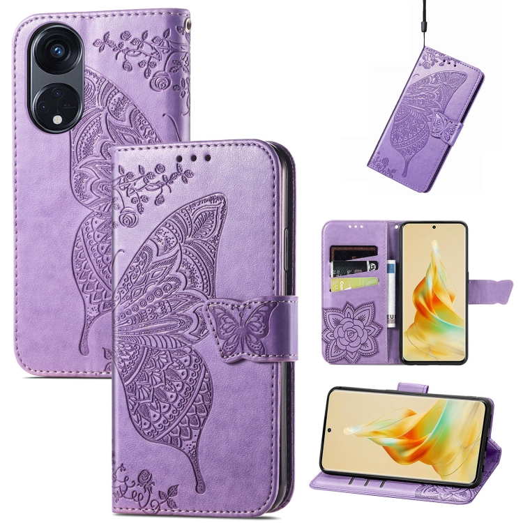 

For OPPO Reno8 T 5G Butterfly Love Flower Embossed Flip Leather Phone Case(Light Purple)