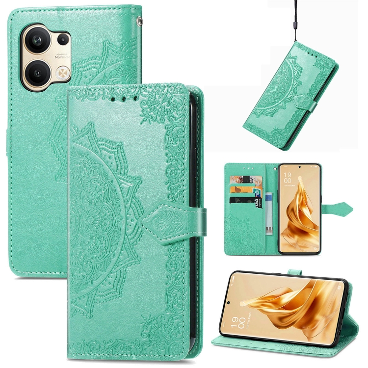 

For OPPO Reno9 Mandala Flower Embossed Leather Phone Case(Green)