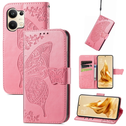 

For OPPO Reno9 Butterfly Love Flower Embossed Leather Phone Case(Pink)