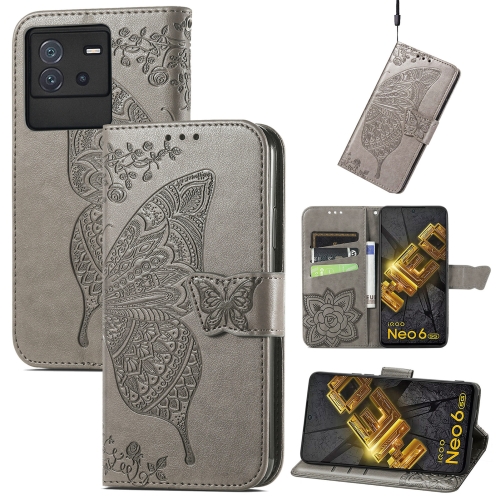 

For vivo iQOO Neo 6 Butterfly Love Flower Embossed Leather Phone Case(Gray)