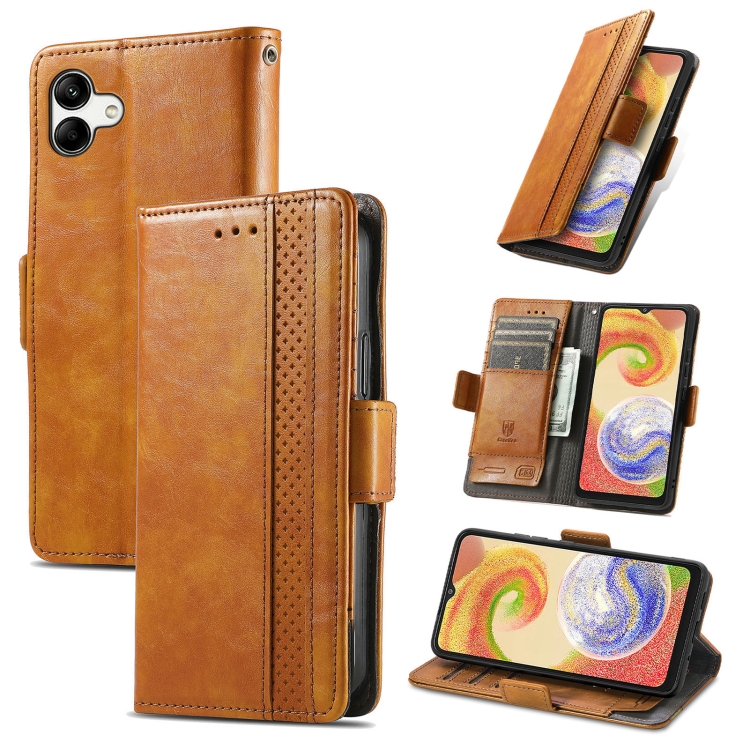 

For Samsung Galaxy A04 CaseNeo Splicing Dual Magnetic Buckle Leather Phone Case(Khaki)