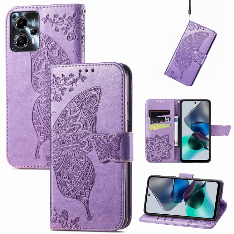 

For Motorola Moto G23 Butterfly Love Flower Embossed Flip Leather Phone Case(Light Purple)