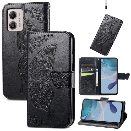 

For Motorola Moto E13 Butterfly Love Flower Embossed Flip Leather Phone Case(Black)