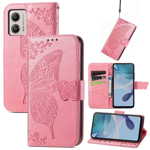 

For Motorola Moto E13 Butterfly Love Flower Embossed Flip Leather Phone Case(Pink)