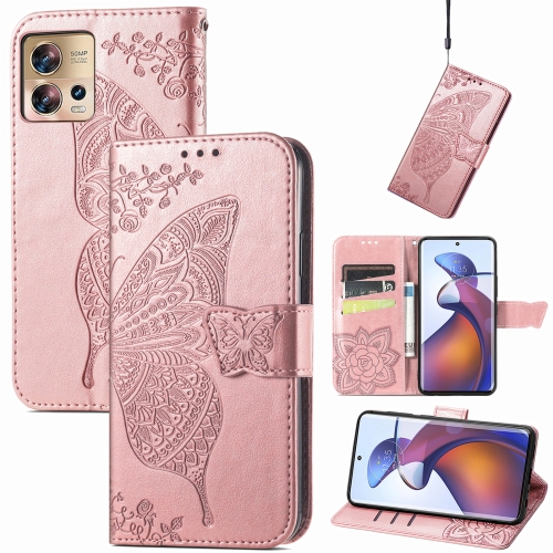 

For Motorola Edge 30 Fusion Butterfly Love Flower Embossed Flip Leather Phone Case(Rose Gold)