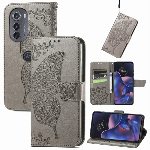 

For Motorola Edge 2022 Butterfly Love Flower Embossed Flip Leather Phone Case(Gray)