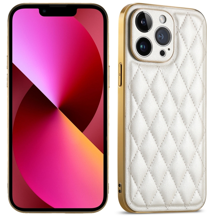 

For iPhone 13 Suteni Electroplated Rhombus Grid Leather Soft TPU Phone Case(White)