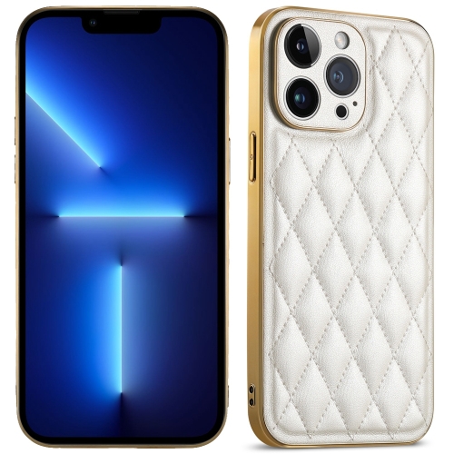 

For iPhone 13 Pro Suteni Electroplated Rhombus Grid Leather Soft TPU Phone Case(White)