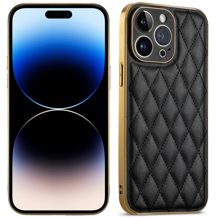 

For iPhone 14 Pro Suteni Electroplated Rhombus Grid Leather Soft TPU Phone Case(Black)