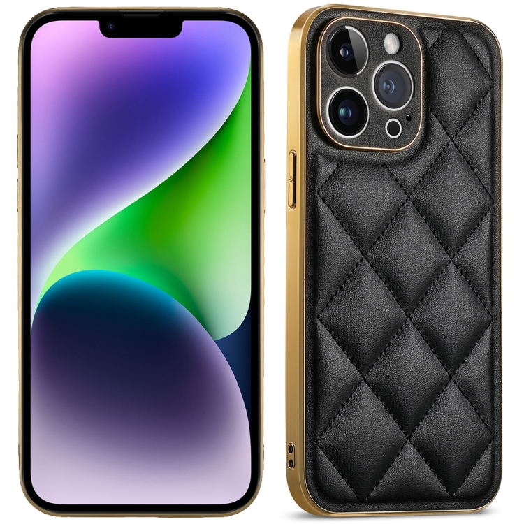 

For iPhone 14 Suteni Electroplated Big Diamond Grid Leather Soft TPU Phone Case(Black)