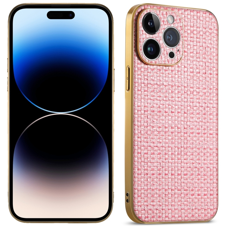 

For iPhone 14 Pro Suteni Electroplated Woven Cloth PU Soft TPU Phone Case(Pink)