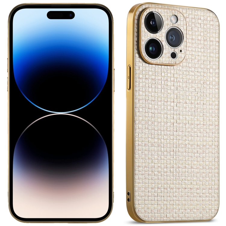 

For iPhone 14 Pro Max Suteni Electroplated Woven Cloth PU Soft TPU Phone Case(Apricot White)