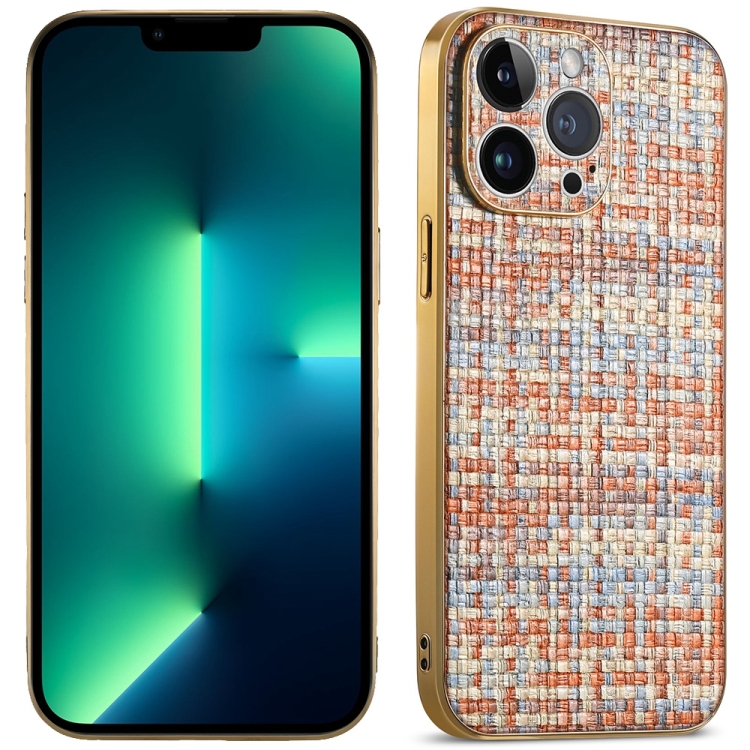 

For iPhone 13 Pro Max Suteni Electroplated Woven Cloth PU Soft TPU Phone Case(Brown)