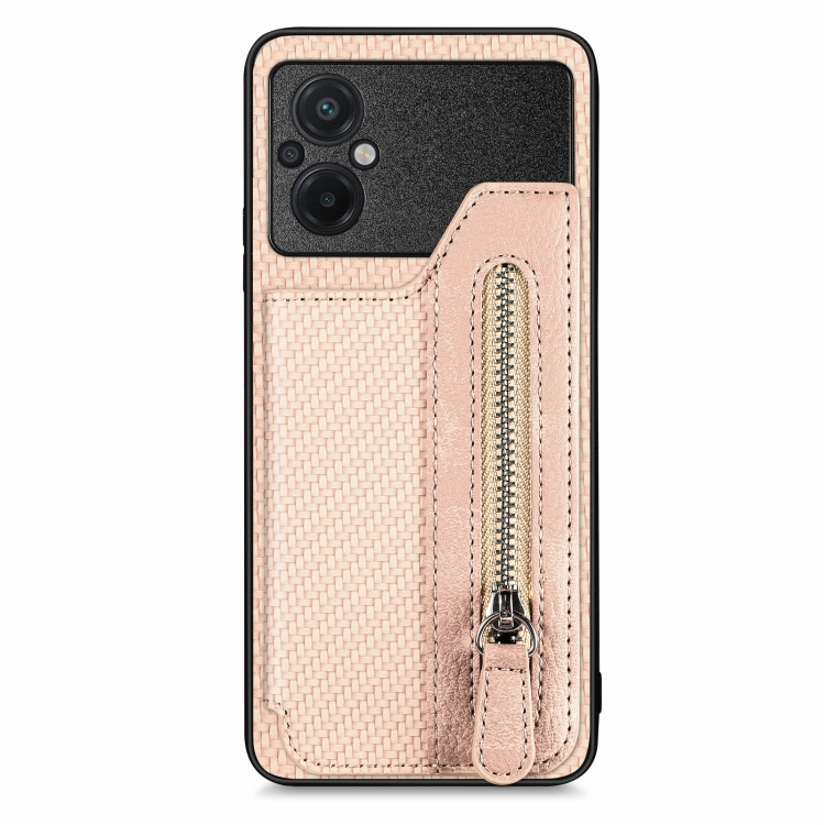 

For Xiaomi Poco M5 4G Carbon Fiber Flip Zipper Wallet Phone Case(Khaki)