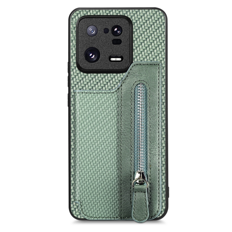 

For Xiaomi 13 Pro Carbon Fiber Flip Zipper Wallet Phone Case(Green)