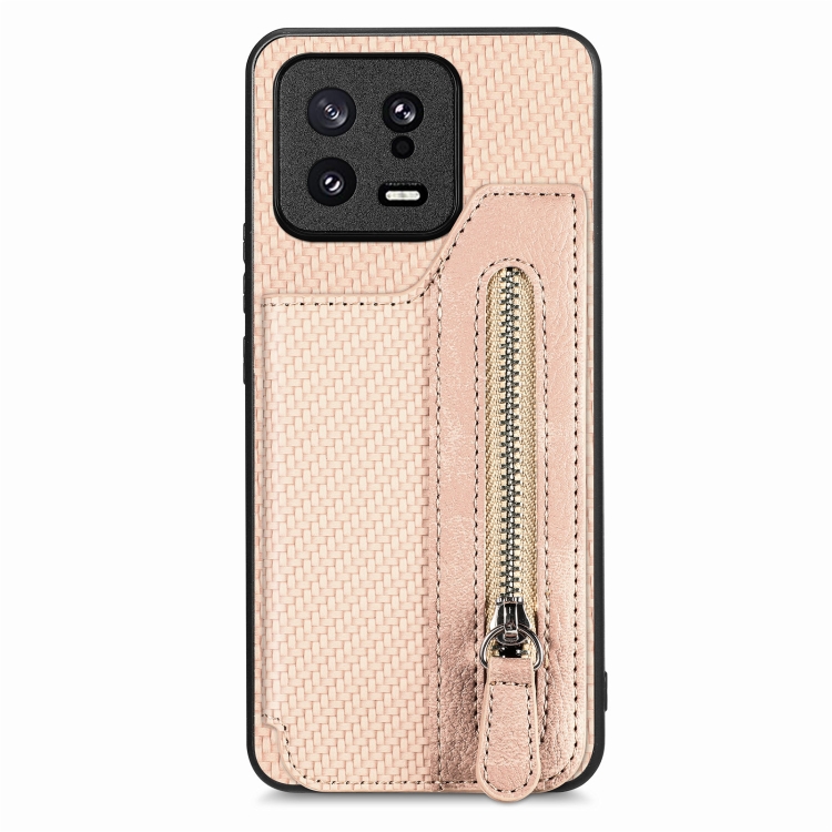 

For Xiaomi 13 Carbon Fiber Flip Zipper Wallet Phone Case(Khaki)