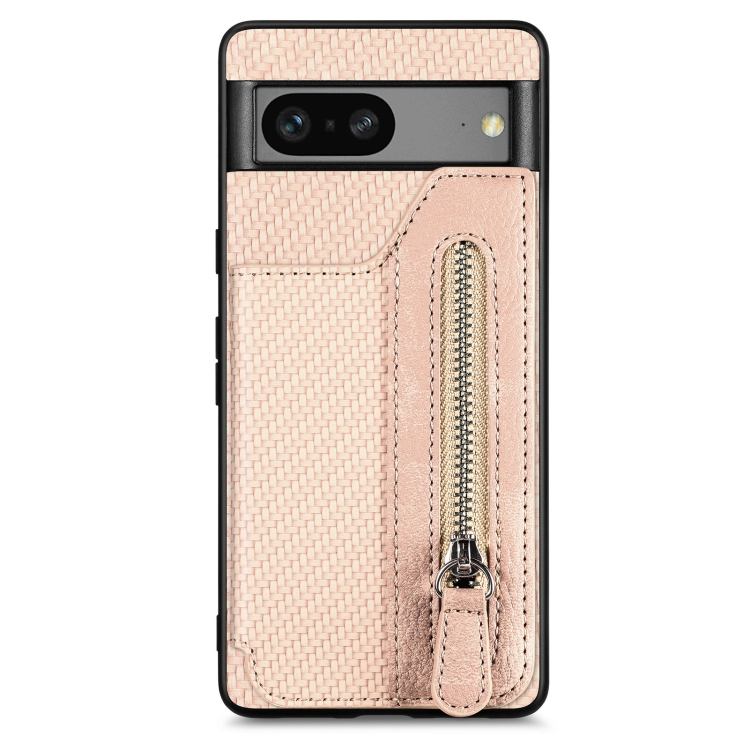 

For Google Pixel 7A Carbon Fiber Flip Zipper Wallet Phone Case(Khaki)