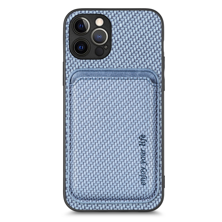 

For iPhone 12 Pro Carbon Fiber Leather Card Magsafe Magnetic Phone Case(Blue)