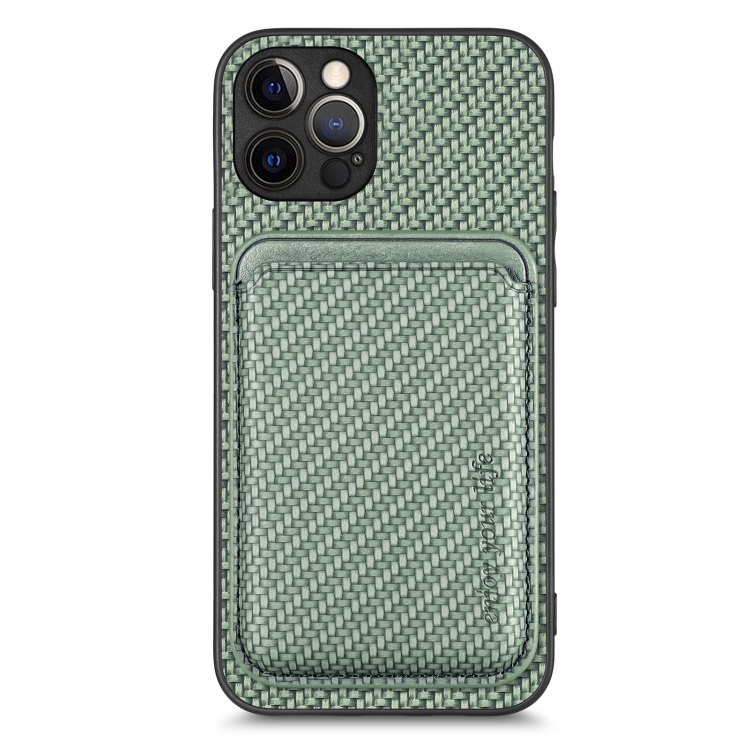 

For iPhone 12 Pro Carbon Fiber Leather Card Magsafe Magnetic Phone Case(Green)