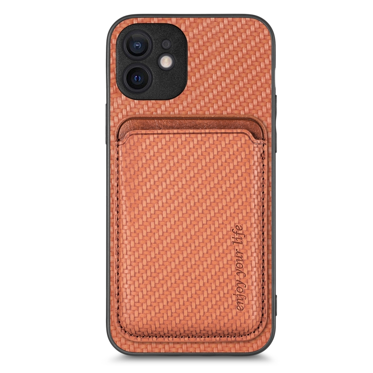 

For iPhone 12 Carbon Fiber Leather Card Magsafe Magnetic Phone Case(Brown)