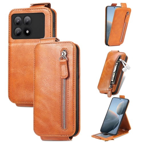 For Xiaomi Redmi K70E Zipper Wallet Vertical Flip Leather Phone Case(Brown) women s new fashion pockets zipper design ruched coat