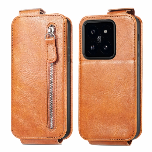 For Xiaomi 14 Zipper Wallet Vertical Flip Leather Phone Case(Brown) cowhide genuine leather vest men brown waistcoat male sleeveless jacket thick high quality motorcycle vest multi pocket zipper