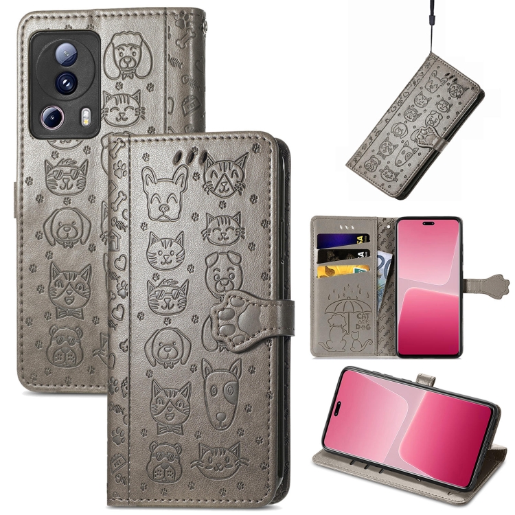 

For Xiaomi 13 Lite Cute Cat and Dog Embossed Leather Phone Case(Gray)