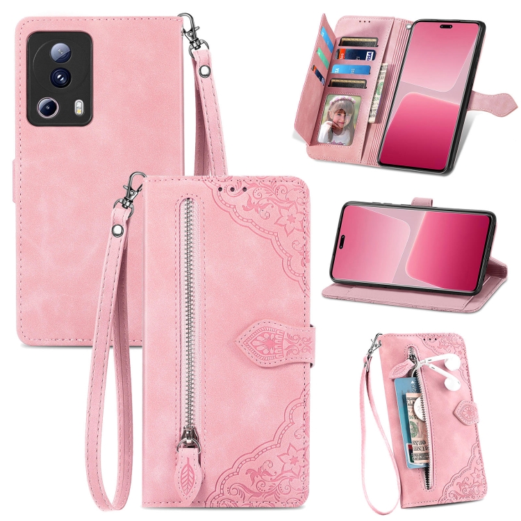 

For Xiaomi 13 Lite Embossed Flower Zipper Leather Phone Case(Pink)