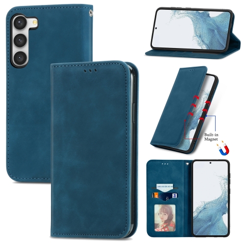 

For Samsung Galaxy S23 Ultra 5G Retro Skin Feel Magnetic Leather Phone Case(Blue)