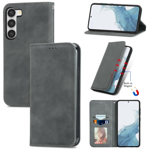 

For Samsung Galaxy S23 Ultra 5G Retro Skin Feel Magnetic Leather Phone Case(Gray)