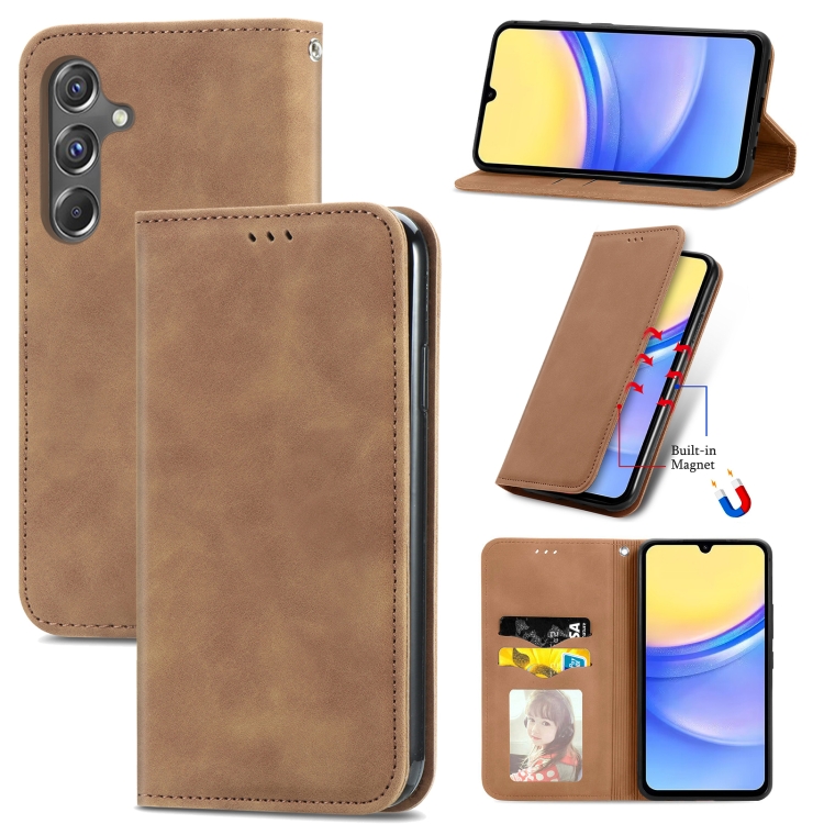 

For Samsung Galaxy A15 Retro Skin Feel Magnetic Leather Phone Case(Brown)