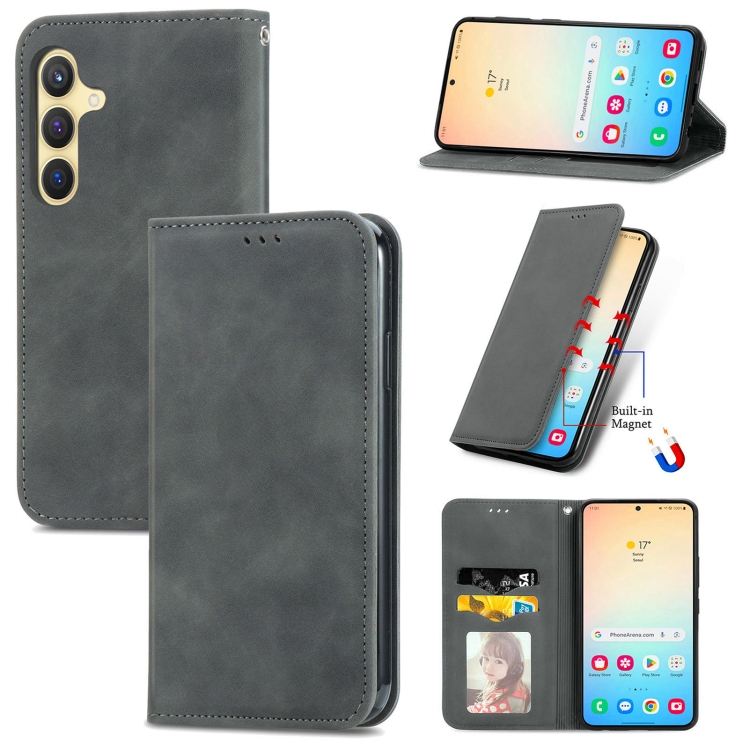 

For Samsung Galaxy S25+ 5G Retro Skin Feel Magnetic Leather Phone Case(Gray)