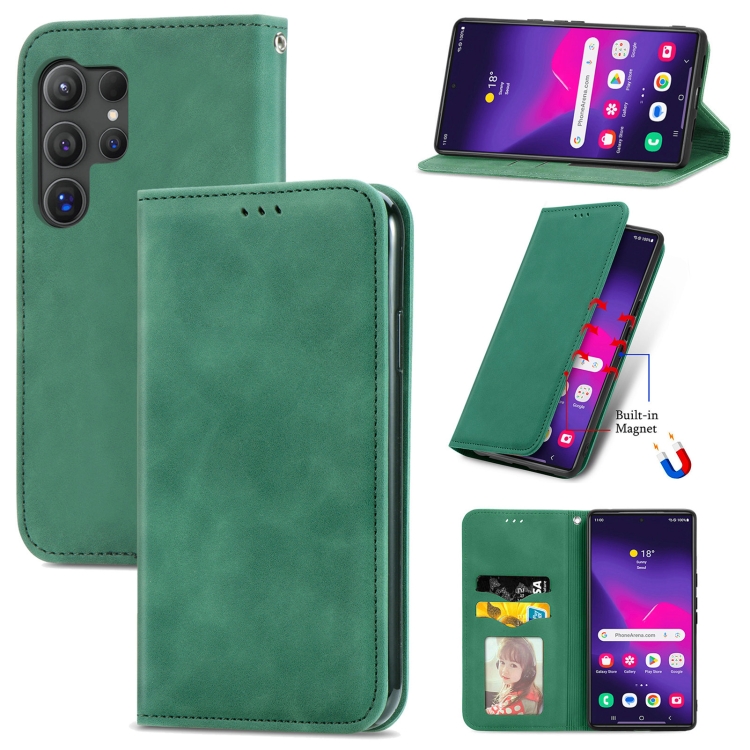 

For Samsung Galaxy S25 Ultra 5G Retro Skin Feel Magnetic Leather Phone Case(Green)
